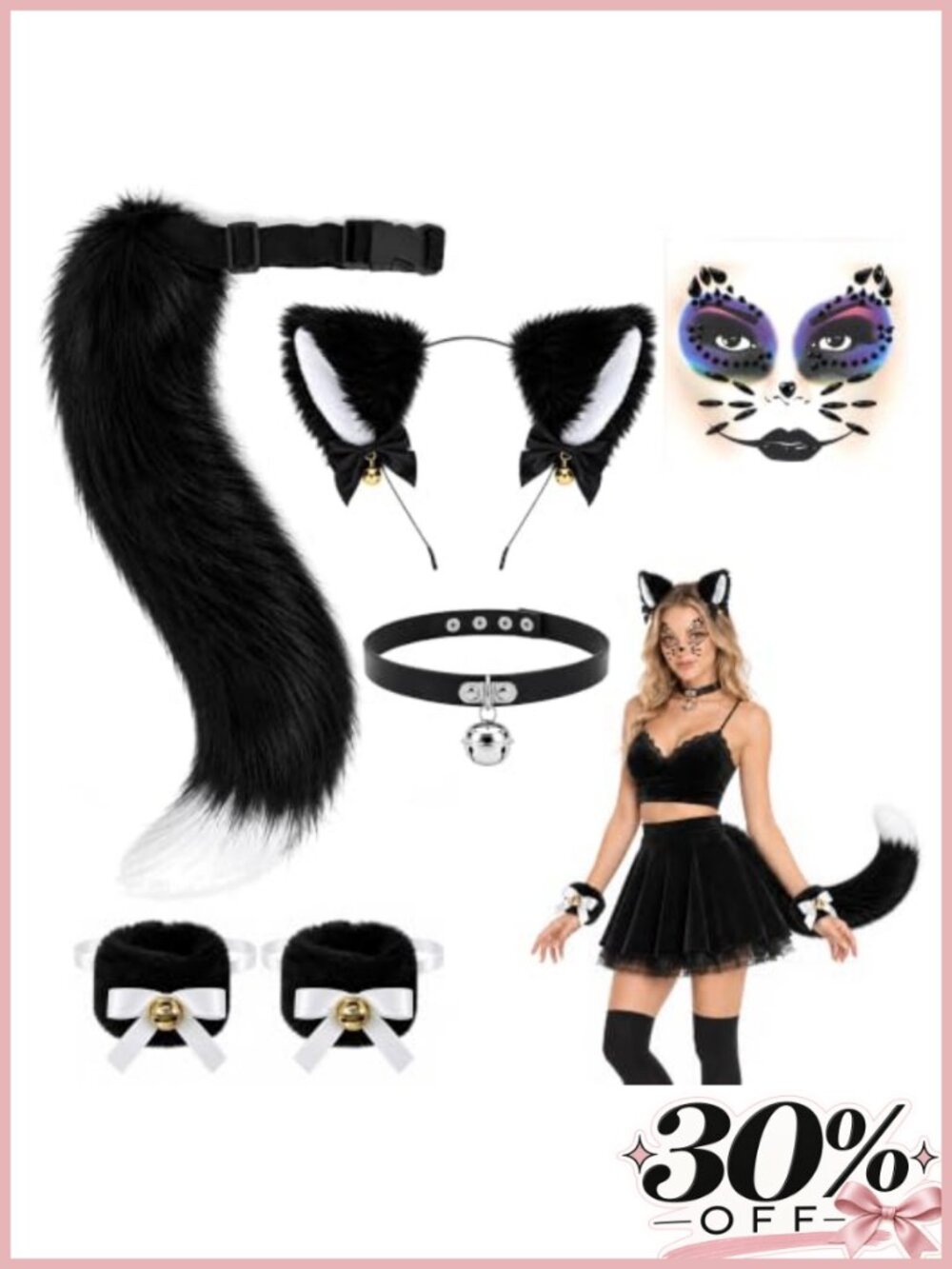 Complete Cat Costume Accessory Set Plush Cuffs Bell Choker Tail